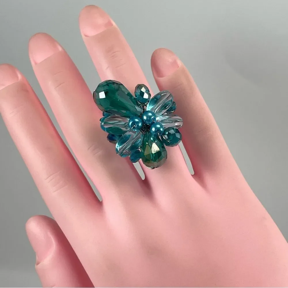 Beautiful Ring Unsigned Blue Glass Artisan Adjustable Silver Tone Statement